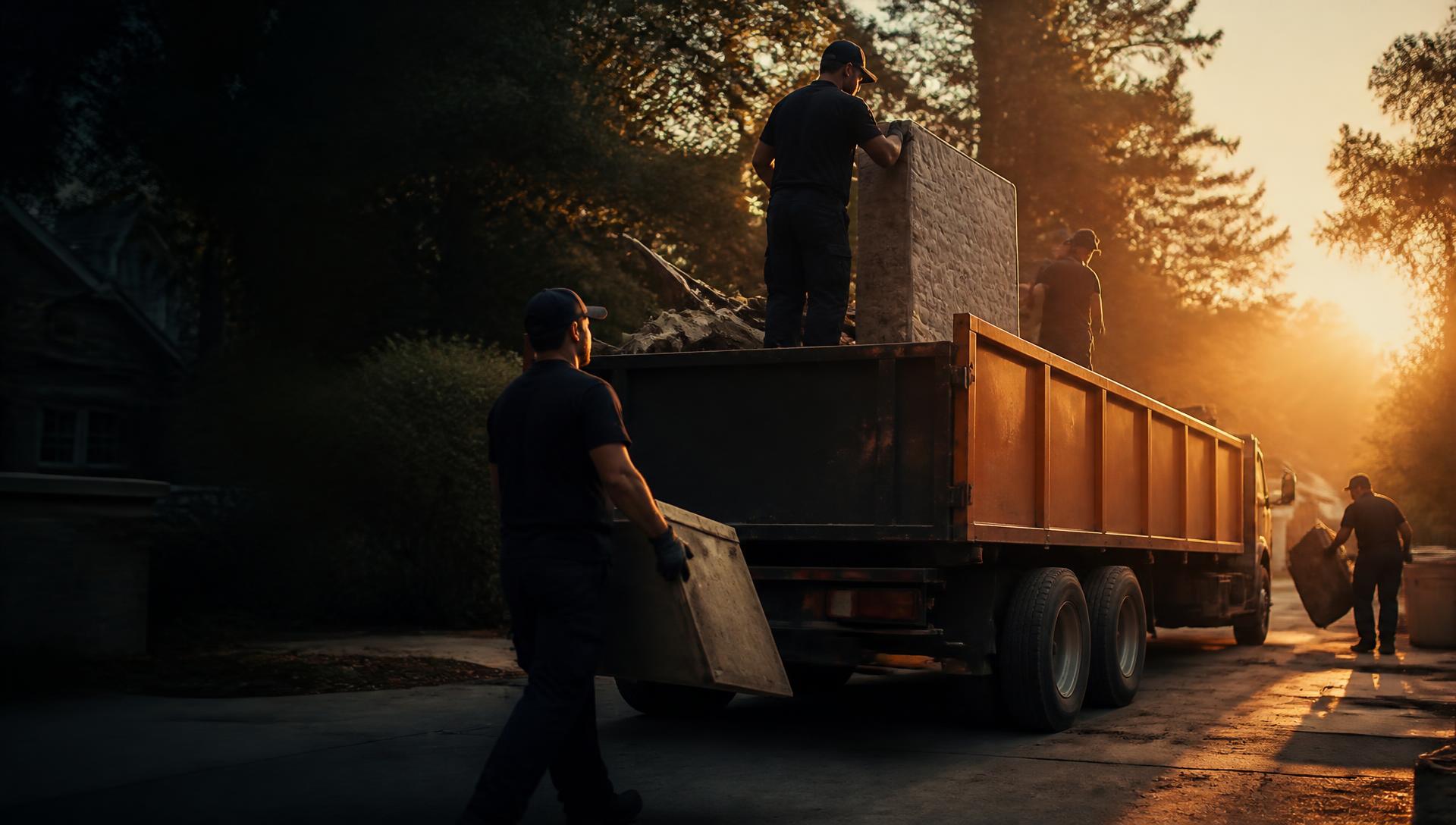 Budget Junk & Demo crew loading a dump trailer at golden hour in Charlotte, NC